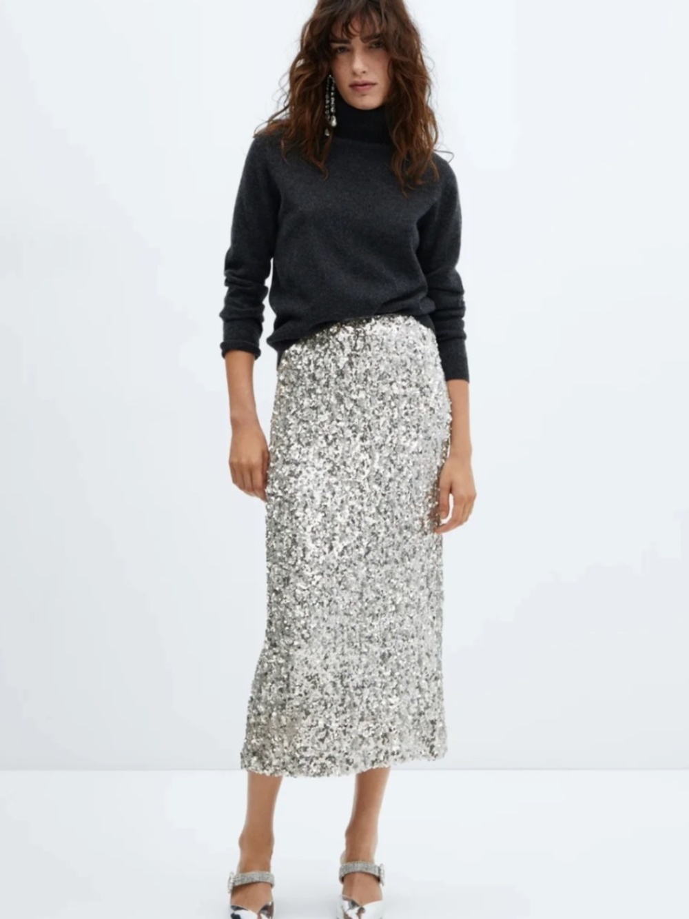 MANGO Silver Sequin Midi Skirt